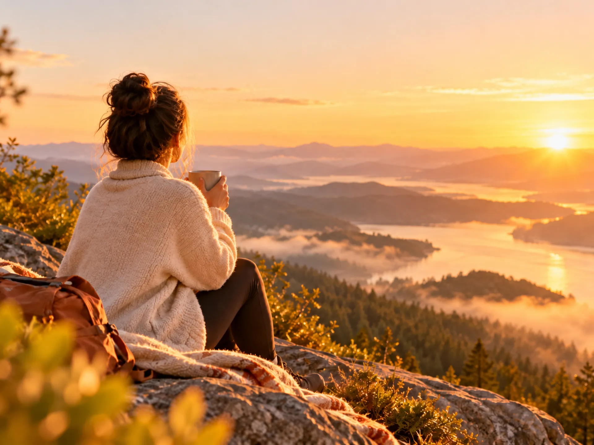 A woman with a coffee cup watches the sunrise over misty mountains and a lake.