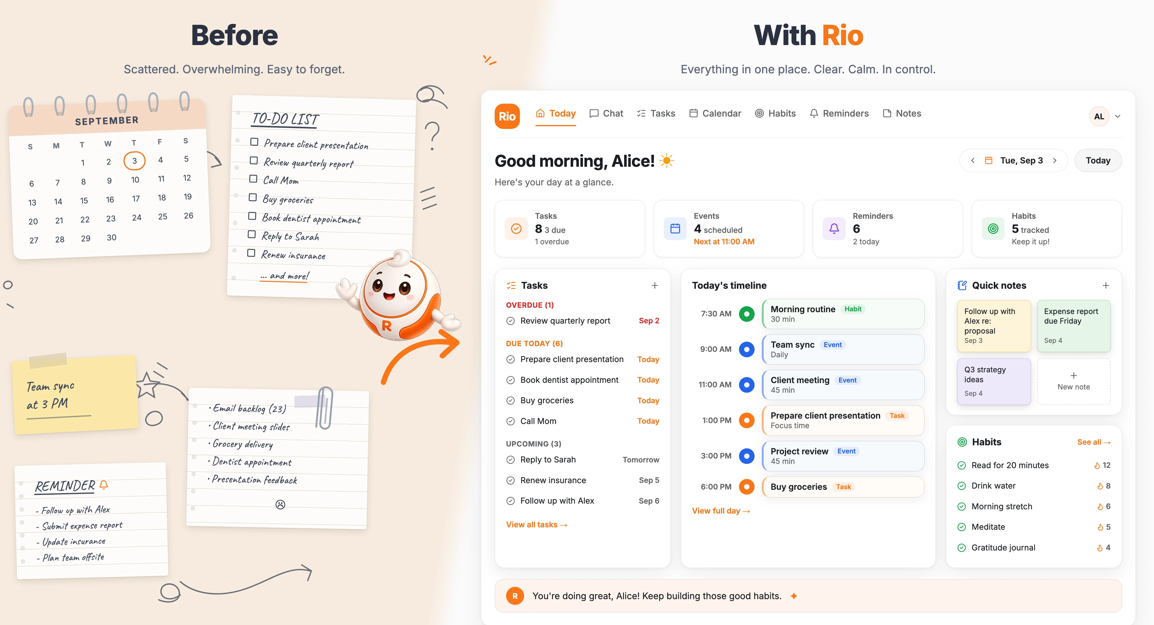 Left: a paper calendar, a hand-written to-do list and sticky notes spread across a desk. Right: Rio's Today screen holding the same day as one task list, a timeline, notes and habits.
